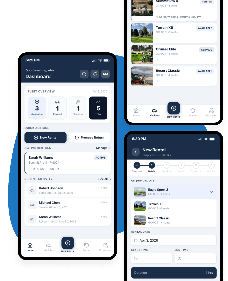 RentGuard mobile app showing dashboard, vehicle list, and new rental flow